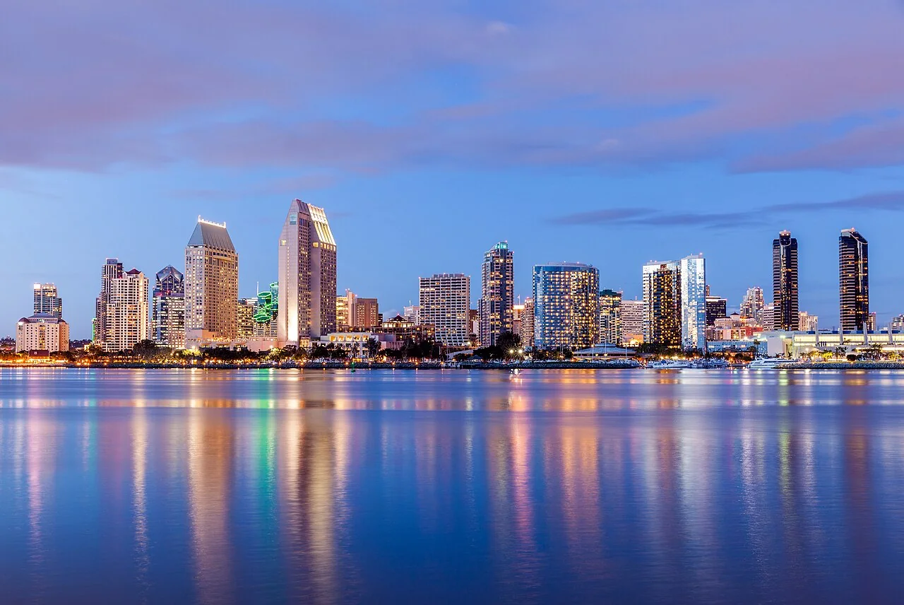 San Diego skyline at dusk from Coronado